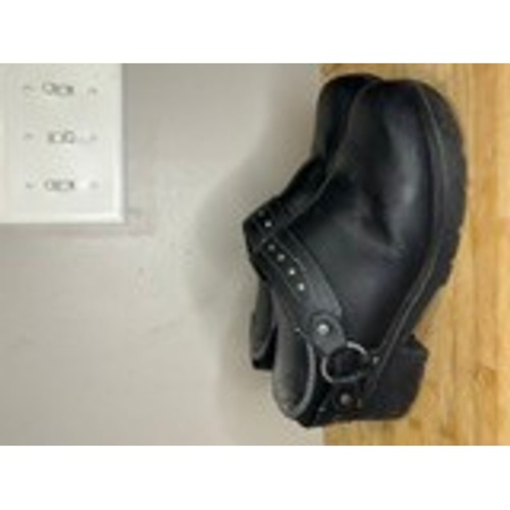 Harley Davidson Black Leather Studded Harness Clogs Platform Lug Sole Mules
